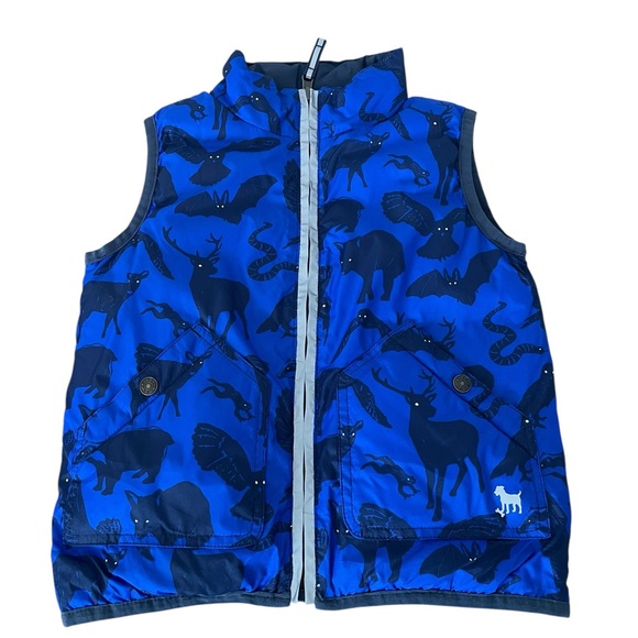 Mini Boden Other - Mini Boden Boys Reversible Blue Navy Animal Print Puffer Vest Sz 4-5y